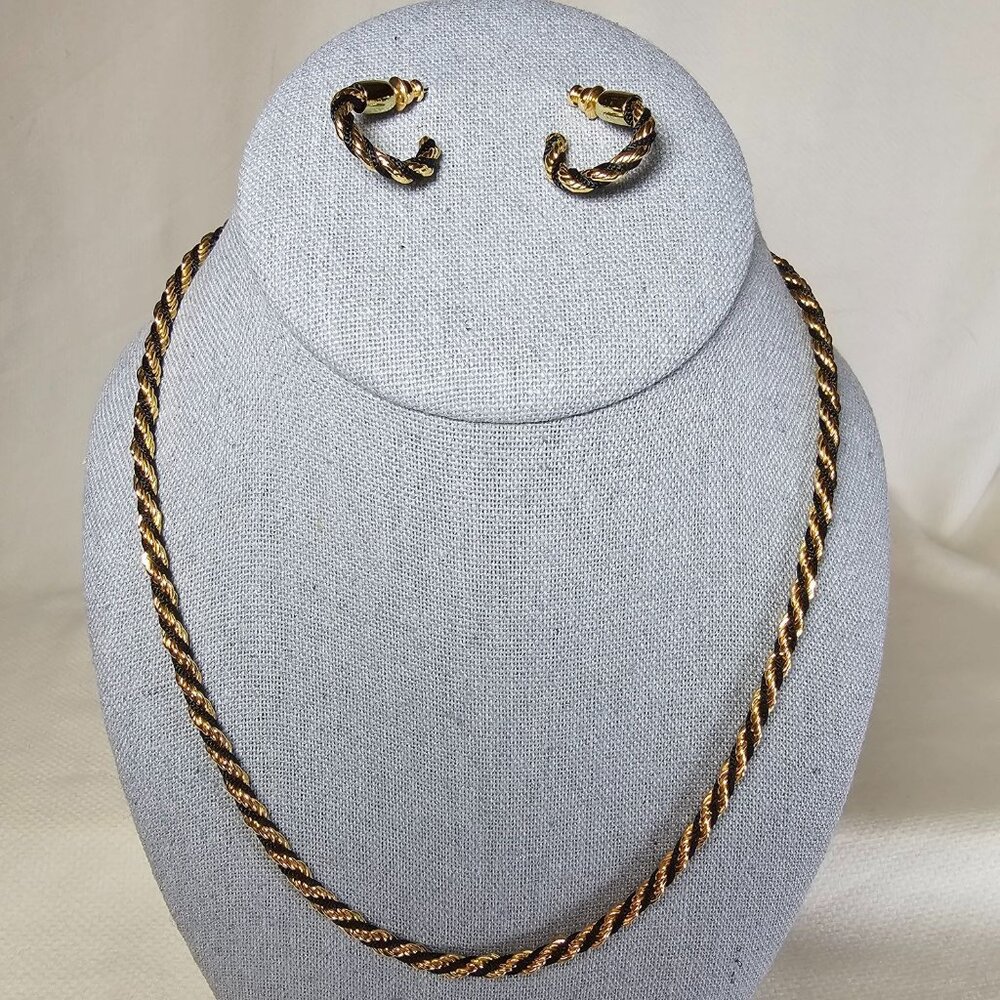 Trifari Gold & Black Twisted Rope Chain Necklace & Hoop Earrings, Vintage